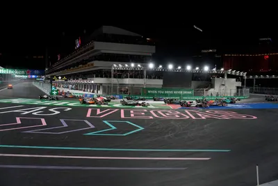 The field makes a turn during the Formula One Las Vegas Grand Prix auto race, Saturday, Nov. 18, 2023, in Las Vegas. (AP Photo/John Locher)