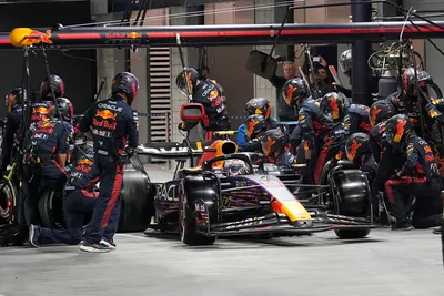 Red Bull driver Sergio Perez, of Mexico, makes a pit stop during the Formula One Las Vegas Grand Prix auto race, Saturday, Nov. 18, 2023, in Las Vegas. (AP Photo/Darron Cummings, Pool)