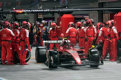 Ferrari driver Carlos Sainz, of Spain, leaves the pit during the Formula One Las Vegas Grand Prix auto race, Saturday, Nov. 18, 2023, in Las Vegas. (AP Photo/Darron Cummings, POOL)