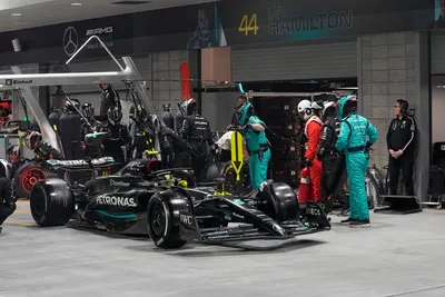 Mercedes driver Lewis Hamilton, of Britain, leaves the pit during the Formula One Las Vegas Grand Prix auto race, Saturday, Nov. 18, 2023, in Las Vegas. (AP Photo/Darron Cummings, POOL)