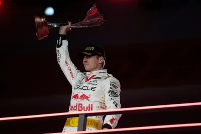 Red Bull driver Max Verstappen, of the Netherlands, celebrates on the podium after winning the Formula One Las Vegas Grand Prix auto race, Saturday, Nov. 18, 2023, in Las Vegas. (AP Photo/Darron Cummings)