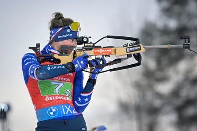 Deedra Irwi of the United States in action during the warm up before the Single Mixed Relay event of the IBU World Cup Biathlon in Ostersund, Sweden, Saturday, Nov. 25, 2023. (Anders Wiklund/TT News Agency via AP)