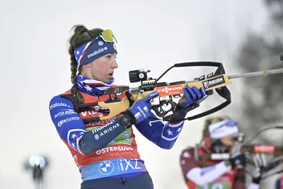 Deedra Irwin of the United States in action during the warm up before the Single Mixed Relay event of the IBU World Cup Biathlon in Ostersund, Sweden, Saturday, Nov. 25, 2023. (Anders Wiklund/TT News Agency via AP)