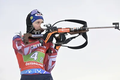 Deedra Irwi of the United States in action during the warm up before the Single Mixed Relay event of the IBU World Cup Biathlon in Ostersund, Sweden, Saturday, Nov. 25, 2023. (Anders Wiklund/TT News Agency via AP)