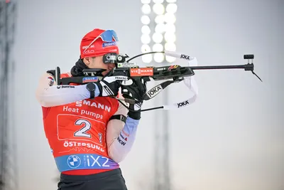 Niklas Hartweg of Switzerland  in action during the warm up before the Single Mixed Relay event of the IBU World Cup Biathlon in Ostersund, Sweden, Saturday, Nov. 25, 2023. (Anders Wiklund/TT News Agency via AP)