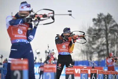 Justus Strelow of Germany in action during the warm up before the Single Mixed Relay event of the IBU World Cup Biathlon in Ostersund, Sweden, Saturday, Nov. 25, 2023. (Anders Wiklund/TT News Agency via AP)