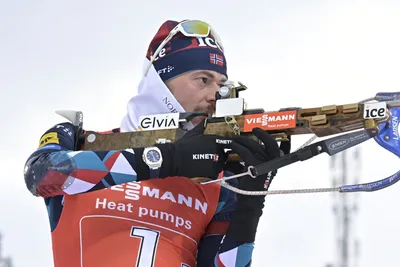 Sturla Holm Laegreid of Norway in action during the warm up before the Single Mixed Relay event of the IBU World Cup Biathlon in Ostersund, Sweden, Saturday, Nov. 25, 2023. (Anders Wiklund/TT News Agency via AP)