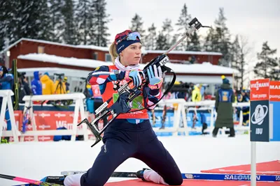 Juni Arneklev of Norway  in action during the warm up before the Single Mixed Relay event of the IBU World Cup Biathlon in Ostersund, Sweden, Saturday, Nov. 25, 2023. (Anders Wiklund/TT News Agency via AP)