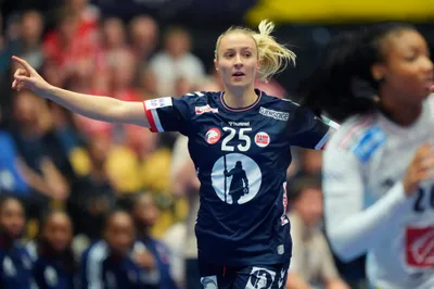 Norway's Henny Reistad gestures, during the Women's Handball Championship  Handball final match between Norway and France,  at Jyske Bank Boxen, in Herning, Denmark, Sunday, Dec. 17, 2023. (Claus Fisker/ Ritzau Scanpix via AP)