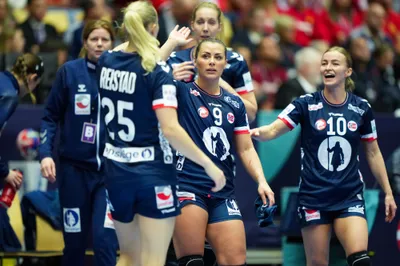 Nora Moerk from Norway celebrates, during the Women's Handball Championship final match between Norway and France, at Jyske Bank Boxen, in Herning, Denmark, Sunday, Dec. 17, 2023. (Claus Fisker/ Ritzau Scanpix via AP)

- =