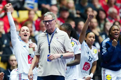 France's Coach Olivier Krumbholz looks on, during the Women's Handball Championship final match between Norway and France, at Jyske Bank Boxen, in Herning, Denmark, Sunday, Dec. 17, 2023. (Claus Fisker/ Ritzau Scanpix via AP)