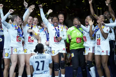 France players celebrate winning the Women's Handball Championship at Jyske Bank Boxen, in Herning, Denmark, Sunday, Dec. 17, 2023. (Claus Fisker/Ritzau Scanpix via AP)