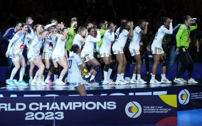 France players celebrate winning the Women's Handball Championship at Jyske Bank Boxen, in Herning, Denmark, Sunday, Dec. 17, 2023. (Claus Fisker/Ritzau Scanpix via AP)