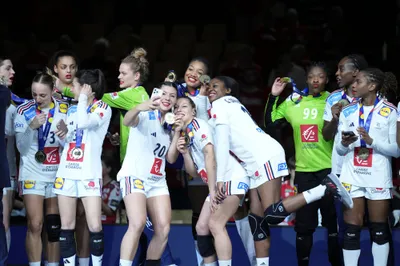 France players celebrate winning the Women's Handball Championship at Jyske Bank Boxen, in Herning, Denmark, Sunday, Dec. 17, 2023. (Claus Fisker/Ritzau Scanpix via AP)