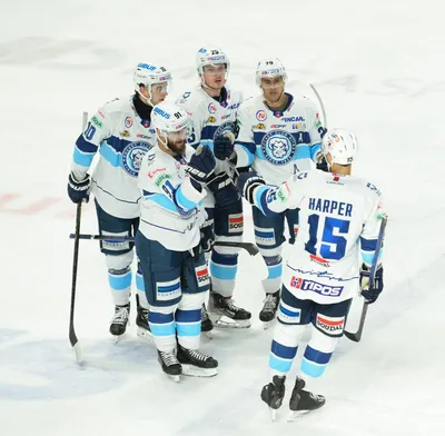 Na snímke radosť hráčov Nitry po úvodnom góle v zápase 24. kola hokejovej Tipos extraligy medzi HK Nitra – HC MIKRON Nové Zámky.