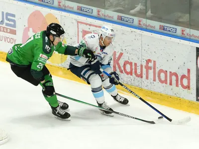 Na snímke zľava Roberts Mamčics (Nové Zámky) a Sahir Gill (Nitra) v zápase 24. kola hokejovej Tipos extraligy medzi HK Nitra – HC MIKRON Nové Zámky.