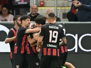 Futbalisti FC Spartak Trnava oslavujú gól do siete FC Košice.