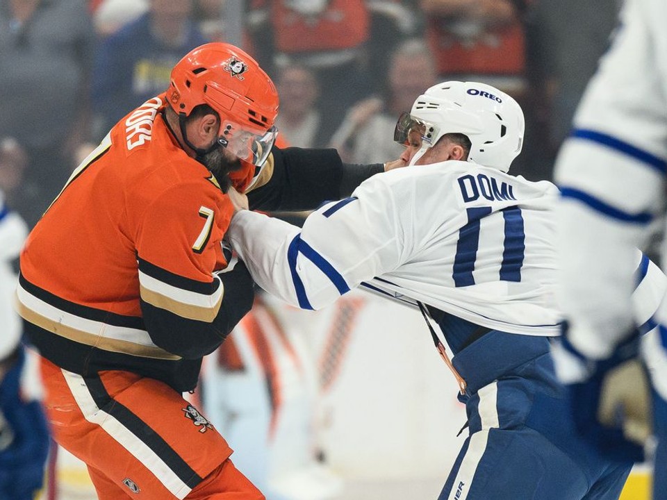 Radko Gudas a Max Domi v pästnom súboji.