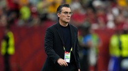 Turkey head coach Vincenzo Montella walks off the field at the end of first half group D World Cup soccer action against Australia in Vancouver, British Columbia, Saturday, June 13, 2026. (Darryl Dyck/The Canadian Press via AP)