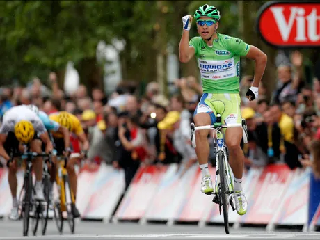 Peter Sagan a jeho pamätná oslava na štýl Forresta Gumpa počas Tour de France 2012.