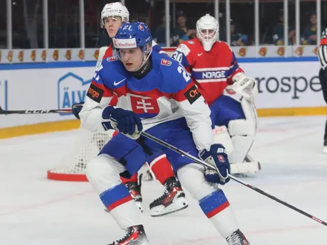 Peter Repčík v zápase Slovensko - Nórsko na MS v hokeji do 20 rokov 2024.
