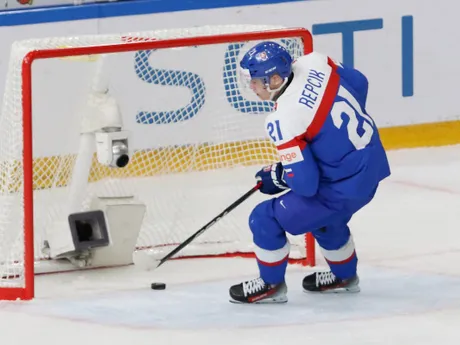 Peter Repčík v zápase Slovensko - Švajčiarsko na MS v hokeji 2024.