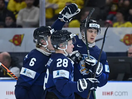 Fínska radosť v zápase Lotyšsko - Fínsko na MS v hokeji U20 2024. 