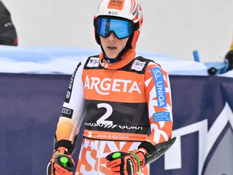 Petra Vlhová v cieli 2. kola obrovského slalomu Svetového pohára v alpskom lyžovaní v slovinskej Kranjskej Gore. 