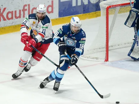 Radovan Bondra (Zvolen) a Marko Stacha (Nitra) bojujú o puk v zápase 34. kola hokejovej Tipos extraligy HK Nitra - HKM Zvolen. 