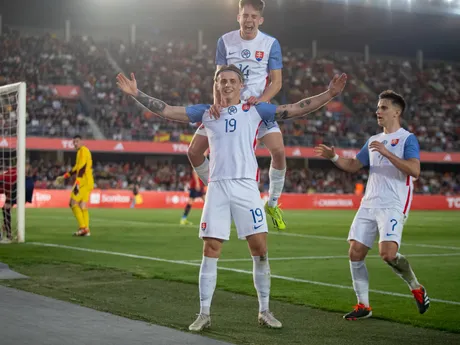 Timotej Jambor sa teší po strelenom góle v prípravnom zápase Španielsko U21 - Slovensko U21.