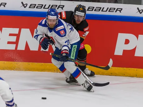 Marek Hecl (Slovensko) a Fabio Wagner (Nemecko) počas prípravného hokejového zápasu.
