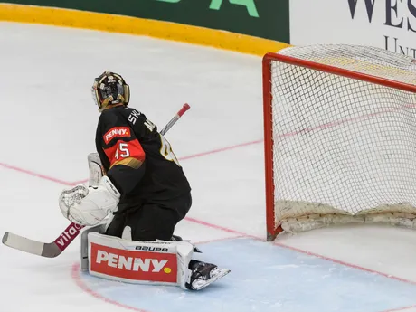 Tobias Ancicka (Nemecko) dostáva gól počas prípravného hokejového zápasu Nemecko - Slovensko.