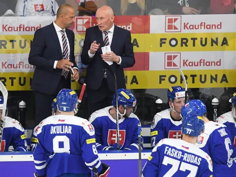 Tréner slovenskej hokejovej reprezentácie  Craig Ramsay na striedačke v prípravnom zápase Slovensko - Švajčiarsko.
