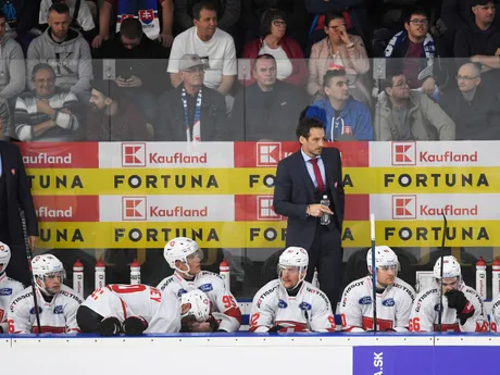 Tréner švajčiarskej hokejovej reprezentácie Patrick Fischer (uprostred hore) stojí na striedačke v prípravnom zápase Slovensko - Švajčiarsko.