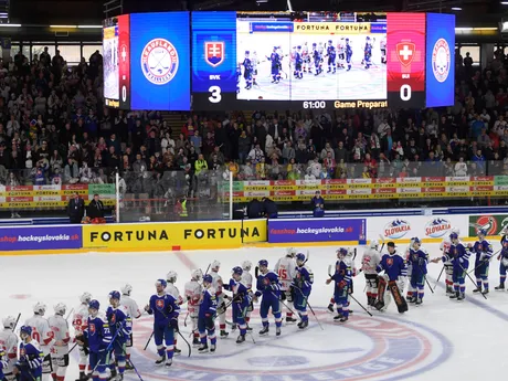 Hokejisti Slovenska (v modrom) a Švajčiarska (v bielom) si podávajú ruky po prípravnom zápase.
