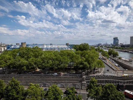 The Bercy Arena is pictured Tuesday, July 11, 2023 in Paris. In 2024. The Bercy Arena will host the basketball finals, artistic gymnastics and trempoline for the Paris 2024 Olympic Games (AP Photo/Thomas Padilla, File)

- OLY;Paris 2024;gymnastics;basketbball;Bercy