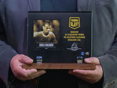 Na snímke ocenenie s názvom Tribúna slávy dostal in memoriam bývalý hráč AŠK Inter Bratislava, Artmedia Petržalka a ŠK Slovan Bratislava Juraj Halenár.
