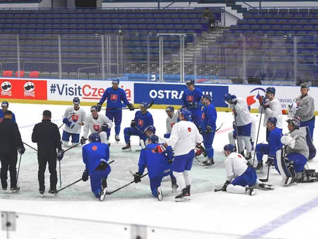 Slovenskí hokejisti počas dopoludňajšieho piatkového rozkorčuľovania pred zápasom B-skupiny Slovensko - Nemecko