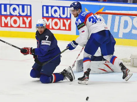Peter Cehlárik a Pierre Crinon v zápase Slovensko - Francúzsko v skupine B na MS v hokeji 2024.