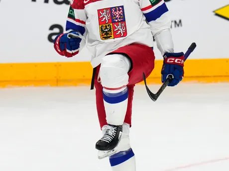 Matej Stránsky oslavuje gól v zápase Švajčiarsko - Česko na MS v hokeji 2024