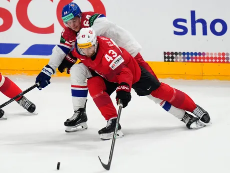 David Kampf a Andrea Glauser v zápase Švajčiarsko - Česko na MS v hokeji 2024