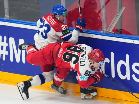 Český útočník Lukáš Sedlák a dánsky útočník Joachim Blichfeld v zápase Česko - Dánsko na MS v hokeji 2024.