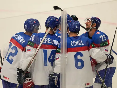 Slovakia's Libor Hudacek celebrates with teammates after scoring his side's third goal during the preliminary round match between France and Slovakia at the Ice Hockey World Championships in Ostrava, Czech Republic, Saturday, May 18, 2024. (AP Photo/Darko Vojinovic)