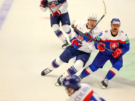 Libor Hudáček v zápase Slovensko - USA v skupine B na MS v hokeji 2024.