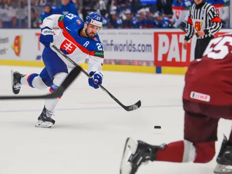 Marek Hrivík v zápase Slovensko - Lotyšsko v skupine B na MS v hokeji 2024.