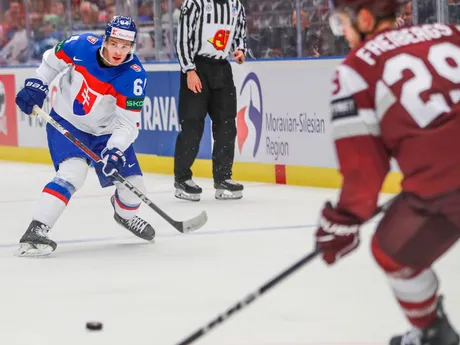 Patrik Koch v zápase Slovensko - Lotyšsko v skupine B na MS v hokeji 2024.