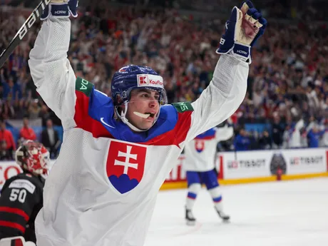 Šimon Nemec v zápase Slovensko - Kanada vo štvrťfinále MS v hokeji 2024