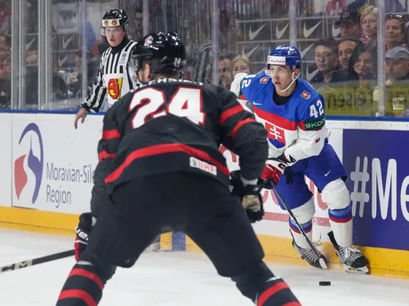 Martin Fehérváry v zápase Slovensko - Kanada vo štvrťfinále MS v hokeji 2024