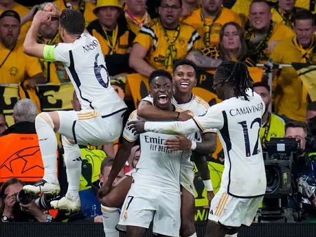 Vinícius Júnior sa teší po strelenom góle v zápase Borussia Dortmund - Real Madrid vo finále Ligy majstrov.