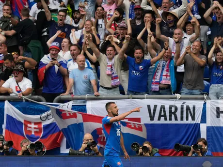 Ivan Schranz oslavuje strelenie gólu v zápase Slovensko - Anglicko v osemfinále EURO 2024.